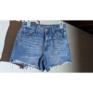 No Boundaries July 4th Denim Cutoff Jean Shorts Blue Red White Star Frayed Hem 9